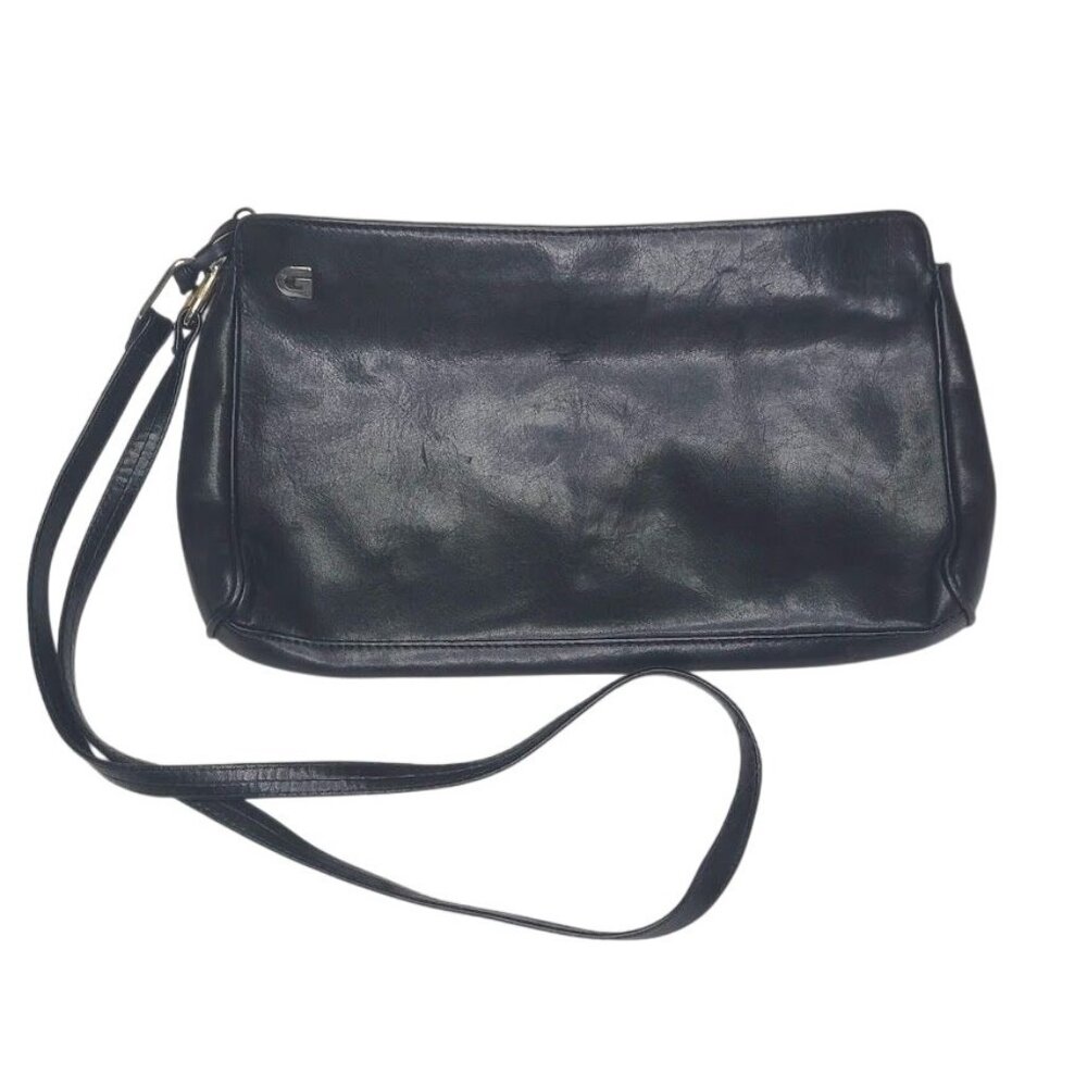 Vintage Ganson Black Leather Crossbody Bag Adjustable Strap Zippered Compartment